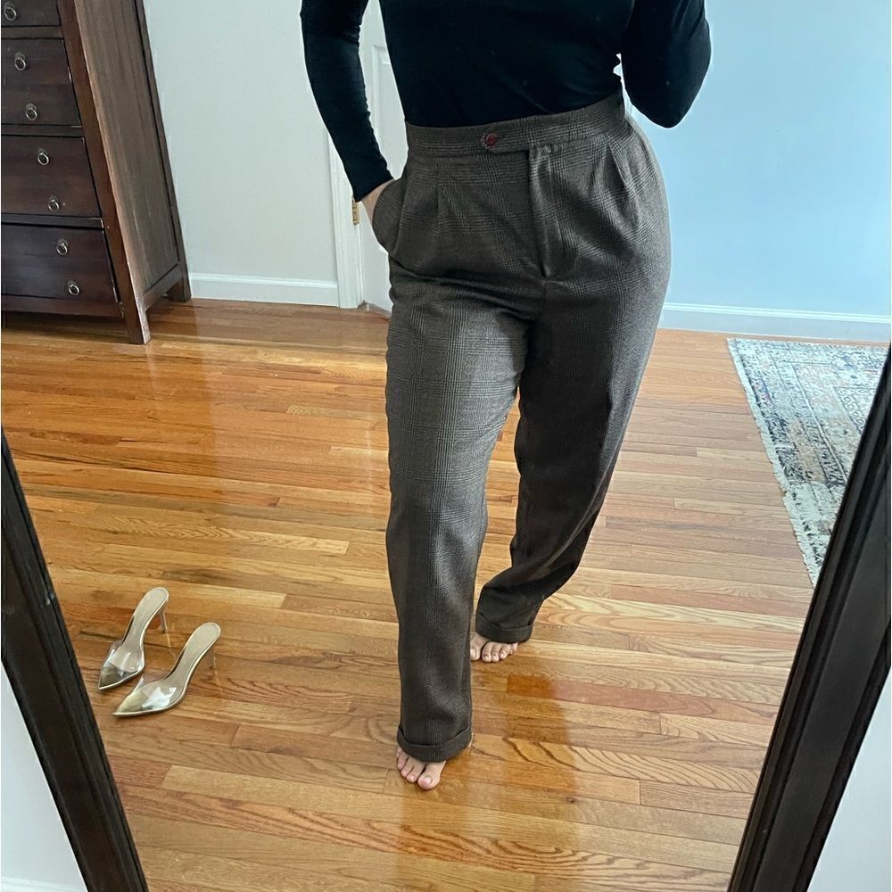VTG Jennifer & Grace Brown Wool Plaid Pleated Front Cuffed Trouser Pants | SZ 12